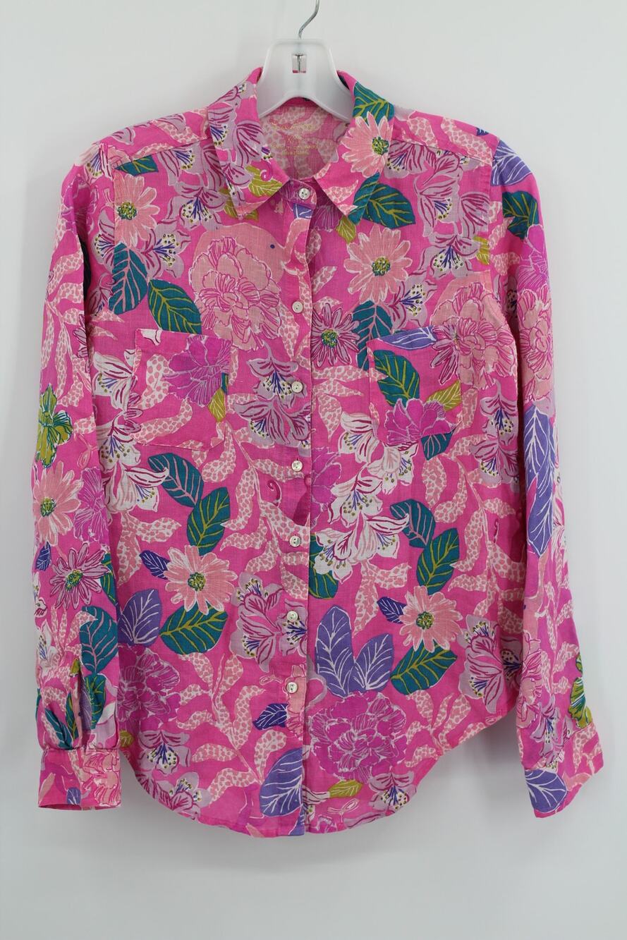 Lilly Pulitzer Sea View Button Down Shirt In Pink Isle Best Of Friends LINEN XXS